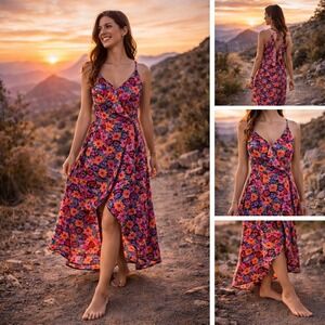 Molly Bracken Floral Ruffle Maxi Dress XL Pink Orange High Low Wrap V-Neck